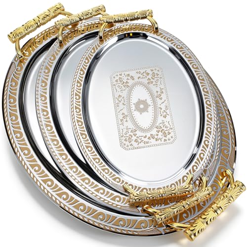 3 Pack Metal Serving Trays with Handles, Decorative Floral Platter Trays for Coffee Tea, Food, Dessert, Jewelry, for Buffet Wedding Party Kitchen Home Decor(Round,Silver, Gold) - color: Silver, Gold, style: Round