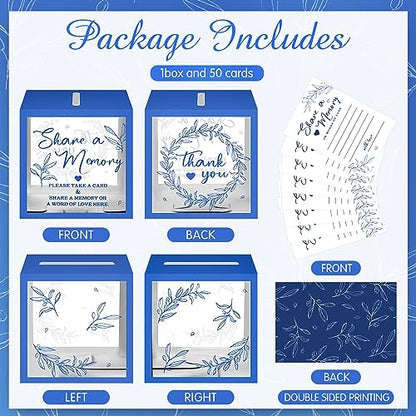 Pajean Funeral Memory Box with 50 Cards Clear Windows,Clear,Dark Blue | Keepsake Cards for Celebration Wedding Graduation, Greenery Design, Guest Book Alternative, Memory Collection Display - color: Dark Blue