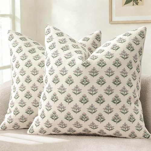YCOLL Farmhouse Floral Pillow Covers 18x18 Set of 2, Rustic Country Decorative Cushion Covers Vintage Throw Pillow Covers for Sofa Couch Bed Living Room Home Decor, Blush Pink - color: Blush Pink, size: 18" x 18" (Pack of 2)
