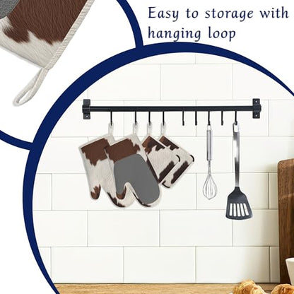 Brown Cowhide Potholders & Oven Mitts Sets Cow Print Skin Print Silicone Heat Resistant Oven Mits and Hot Pads Non-Slip Pot Holders Gloves for Kitchen Chef Cooking Baking Grilling BBQ - color: Brown Cowhide,cow Print Skin Print