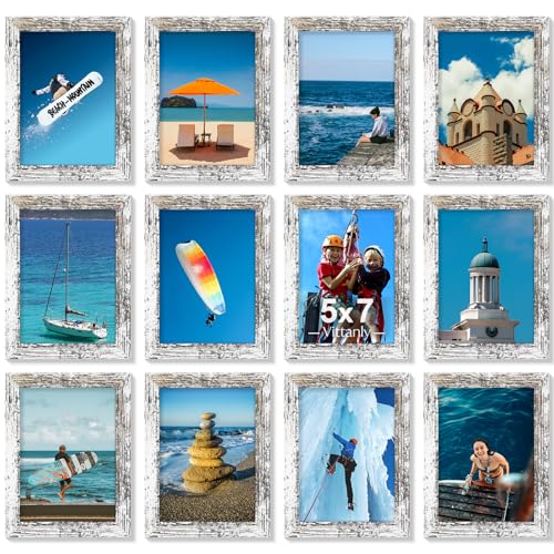 Vittanly 5x7 Picture Frames Set of 12, Wall & Tabletop, Distressed White | Display Pictures 4x6 with Mat or 5x7 without Mat, Small Photo Frames, Engineered Wood with Shatter Resistant Plexiglass - color: Distressed White, size: 5x7