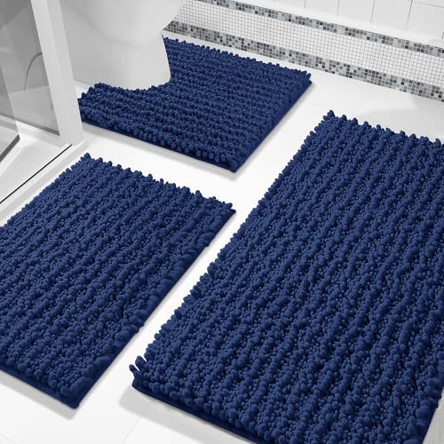 Yimobra Bathroom Rug Set 3 Piece - Super Absorbent Quick Dry Chenille Bath Mats & Toilet Rug, Non Slip Machine Washable, Extra Thick Shaggy Floor Mat for Shower Tub Sink, Navy Blue - color: Navy Blue, size: 24"x20" + 30"x20"+ 44"x24"