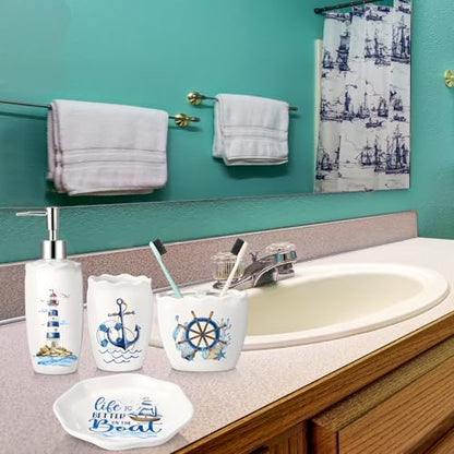 Nautical Bathroom Accessories Set of 4, Coastal Lighthouse Compass Anchor Sailboat Tumbler Soap Dispenser Toothbrush Holder Soap Dish for Ocean and Sea Coastal Theme Bathroom Decoration - style: Nautical