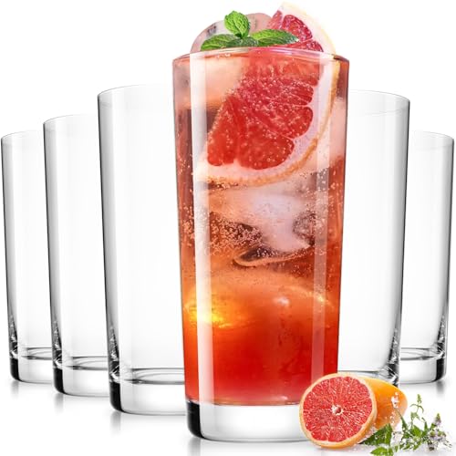 Drinking Water Glass Cups Set,Crystal Highball Glasses cups set of 6,16oz | Wide Mouth Design Clear Tall Glassware for Cocktail Parties, Family Dinners - style: drinking Set of 6 16oz