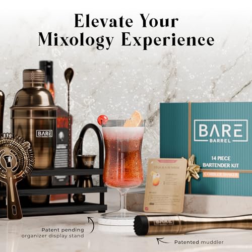BARE BARREL® Mixology Bartender Kit Bar Set | 14-Piece Cocktail Shaker Set | Martini Barware Mixing Tools for Home Bartending | 35 Recipe Cards | Gift Set (24oz Cobbler Shaker, Brass/Black) - color: Brass/Black