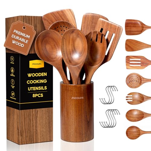 Mooues Wooden Spoons for Cooking Wooden Utensils for Cooking | Natural Teak Wooden Kitchen Utensils Set Comfort Grip (8 PCS SET) - size: 8 PCS SET