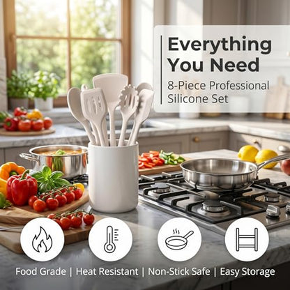 LIANYU Non-Toxic Kitchen Cooking Utensils Set, 8Pcs Khaki Silicone Utensils | Stainless Steel Core, Non-Scratch Spatula Spoon Turner, Heat Resistant & Dishwasher Safe - color: Khaki