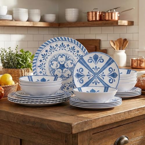 Melamine Dinnerware Sets for 4, 12-Piece Plates and Bowls Sets - 4 Dinner Plates, 4 Salad Plates, 4 Cereal Bowls - Shatterproof & Lightweight for Indoor/Outdoor Dining, Embossed Textures - color: Blue