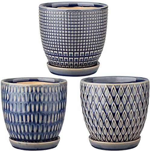 Oairse 4 inches Ceramic Planter Pots 3 Set of Small Round Flower Pots with Drainage Hole and Ceramic Tray for Succulents Cactus Indoor Outdoor Garden Home Windowsill - color: Blue