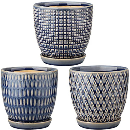 Oairse 4 inches Ceramic Planter Pots 3 Set of Small Round Flower Pots with Drainage Hole and Ceramic Tray for Succulents Cactus Indoor Outdoor Garden Home Windowsill - color: Blue