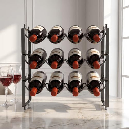 TONLEA Stackable Water Bottle Organizer Holder, Wine Rack,3-Tier 12 Bottles Wine Storage Cabinet Shelf, Wine Racks Countertop for Pantry,Kitchen