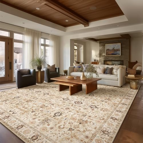 Machine Washable Rugs for Living Room: 9x12 Area Rugs for Bedroom | Ultra Soft,Non-Slip,Low Pile,Vintage Distress,Boho,Large,Carpet,High-Traffic,Dining Room,Nursery Room,Farmhouse Decor - color: Brown/Yellow/Multi, size: 9' x 12' (Rectangular)