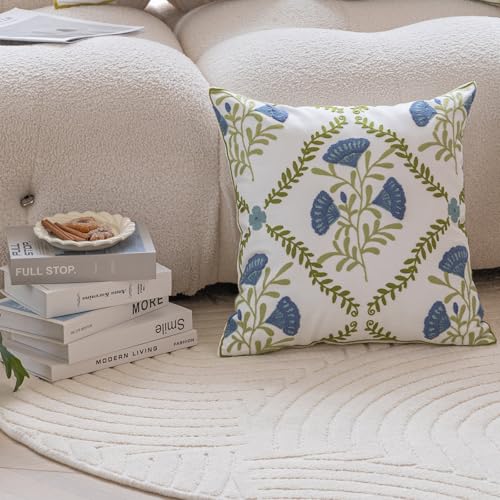 YIcabinet Pillow Covers Set of 2, Embroidered Blue Flower Pattern Throw Pillow Cover,Square Cotton Cushion,Pillow Case for Sofa Bedroom Couch,18"x18" - color: White26