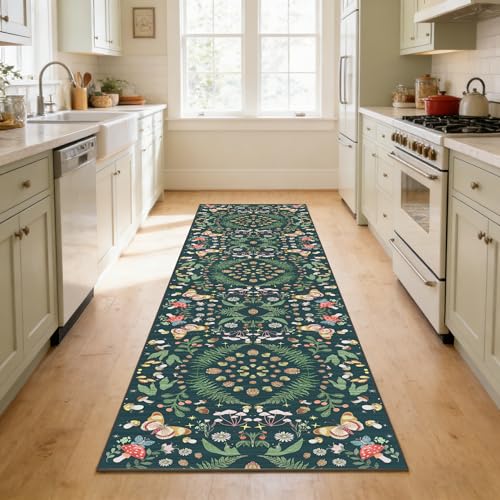 2x8 Washable Runner Rug Non-Slip - Butterfly Kitchen Rugs Stain Resistant Soft Low Pile Floor Runner for Hallway Indoor Entryway Bedroom Laundry Room Farmhouse（Black Green，2x8） - color: Black Green, size: 2' x 8' (Runner)