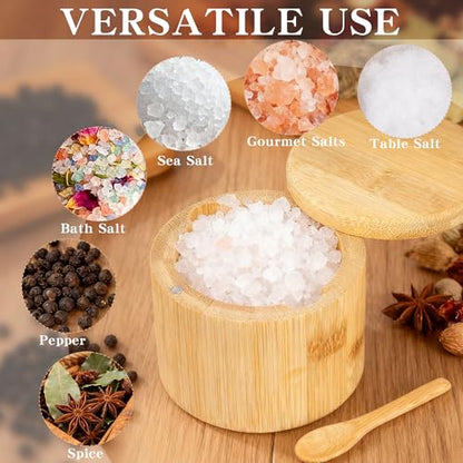 Bamboo Salt Cellar Salt Container Salt Box Bowl with Swivel Lid Spice Box with Spoon for Countertop to Store Sea Salt Pepper Sugar 6 Ounce Capacity