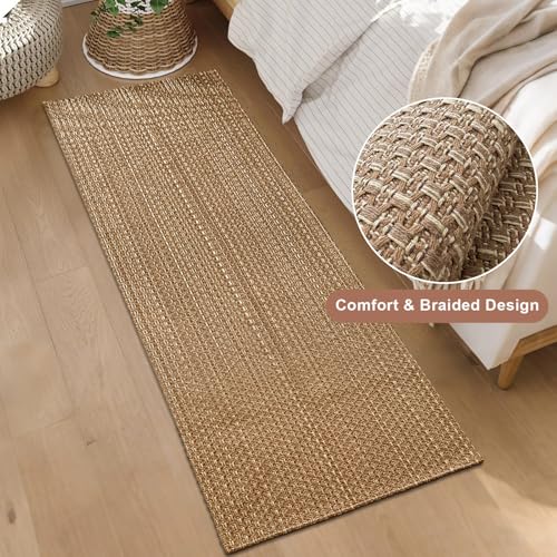 Tan Brown Faux Jute Runner Rug 2x5 ft,Boho Braided Rubber Back Hallway Rug | Non slip solid washable entryway mat, perfect for indoor hallway, bedroom and bathroom - size: 2' x 5' (Rectangular)