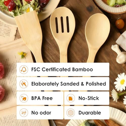 6 PCS Wooden Utensil Set, Bamboo Kitchen Cooking Spoons and Spatulas for Nonstick Cookware, 12 Inch Essential Wood Tools - size: 12 inches