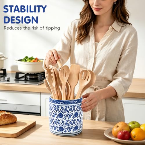 Large Blue and White Ceramic Utensil Holder Crock Chinoiserie Floral Design | Kitchen Countertop Organizer for Cooking Utensils Spatula Spoon Fork Home Decor Party