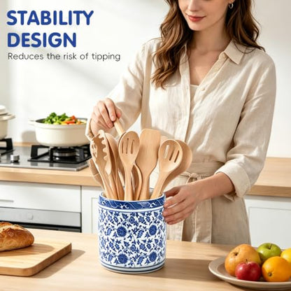 Large Blue and White Ceramic Utensil Holder Crock Chinoiserie Floral Design | Kitchen Countertop Organizer for Cooking Utensils Spatula Spoon Fork Home Decor Party