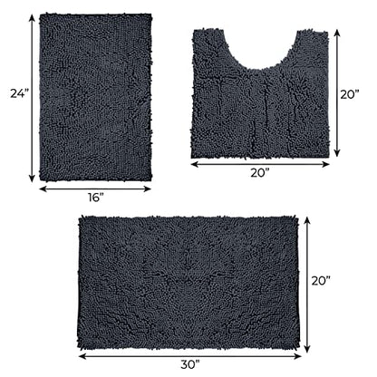 LuxUrux 3-Piece Bathroom Rug Set – Plush Chenille Bath Mats & U-Shaped Toilet Mat, Ultra-Soft, Absorbent & Non-Slip (20x20 U, 16x24 & 20x30 inches, Charcoal) - color: Charcoal, size: 3 Piece Set