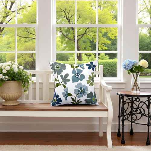 Embroidered Throw Pillow Covers 18x18 inch Pack of 2 Blue Blossoms | Durable Fabric,Square Pillow Cover,Boho Decorative,Hidden Zipper,Aesthetic Design,Ideal Gift,Machine Washable - color: Blue Blossoms