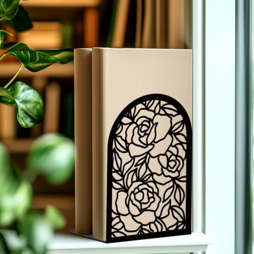 Book Ends Black Metal Bookends for Shelves Decor Rose Heavy Duty Bookends for Book Supports Unique Book Stopper for Office Book Holder Shelf Accessories 7x4.7x3.5 inch 1 Pairs/2 Pcs - style: Rose