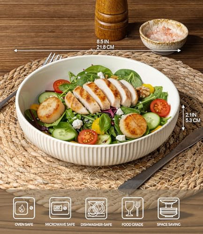 8.5" Ceramic Pasta Bowls Set of 4, Salad Bowls | Versatile Serving Bowls for Pasta, Salad, Fruit & Noodles, Housewarming & Wedding Gift, Reactive White - color: Reactive White, size: 8.5 Inch