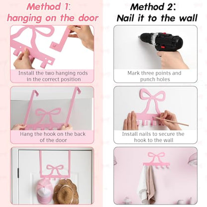 Reallnaive Pink Bow Over The Door Hooks Coquette Bathroom Decor Hanger Wall Mount Rack Holder for Towel, Hat, Coat, Cloth, Keychain, Bag, Home Organizer - style: Pink Bow