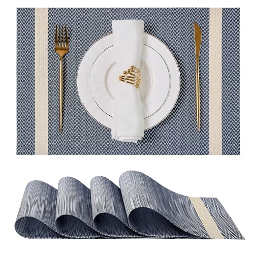 Leetaltree Woven Vinyl Placemats Set of 4,Blue Striped | High Density，Stain Resistant, Easy to Clean, Washable Table Mats for Indoor Dining and Outdoor Patio - color: Z1- Blue Striped, size: Set of 4