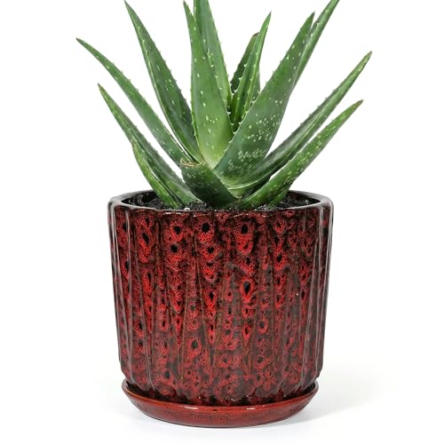7.5 Inch Ceramic Planter Pot with Saucer Drainage Leak-Proof Mesh,Flower Pots for Indoor Plants with Gardening Gloves,Ceramic Planter(Spotted Red) - color: Spotted Red, size: 7.5 Inch