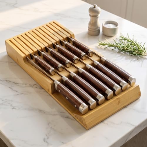 Bamboo Kitchen Drawer Knife Block, In drawer Knife Holder, Knife Drawer Organizer fit for 13 knives | Compact design,13 Slots, Thicker Base Board, Drawer Holder Storage For Steak, Paring, Bread Knives - size: 13 Slots Knife Holder