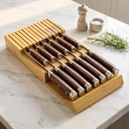 Bamboo Kitchen Drawer Knife Block, In drawer Knife Holder, Knife Drawer Organizer fit for 13 knives | Compact design,13 Slots, Thicker Base Board, Drawer Holder Storage For Steak, Paring, Bread Knives - size: 13 Slots Knife Holder