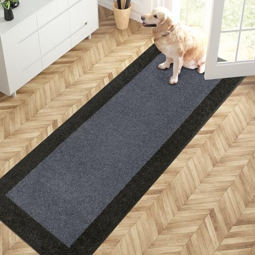 PURRUGS Hallway Runner Rug, 24" x 70", Bluish Grey & Charcoal | Machine Washable, Non-Slip, Waterproof TPR Backing, Super Absorbent, Low Profile, For Hallway, Kitchen, and Entryway - color: Bluish Grey & Charcoal, size: 24" X 70"