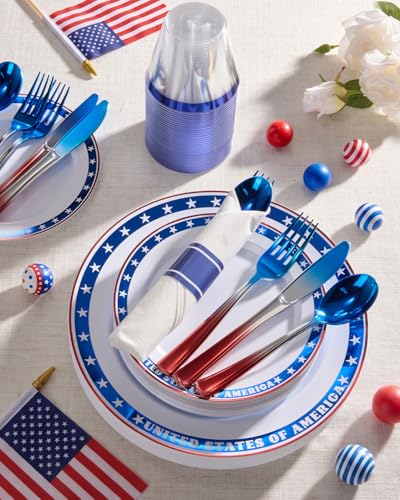 350 Piece 4th of July Blue Star Plastic Dinnerware Set | Disposable Dinnerware Includes: 100 Plates, 50 Pre Rolled Napkins with Silverware, 50 Cups - color: Red Blue, style: 350 Piece (50 guests)