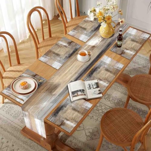 Mcalk Brown Table Runner and Placemats Set of 6 Pieces, Beige Placemats Modern Art,Abstract Art Cloth Place Mats Indoor for Kitchen,Washable Placemats Linen Material for Dining Table - color: 01brown and Grey