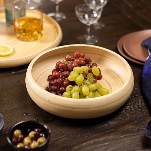 LEXA 12" Handmade Natural Bamboo Wooden Fruit Bowl for Kitchen Counter - 130 oz Lightweight Large Bamboo Wood Salad Bowl - color: Natural Wood