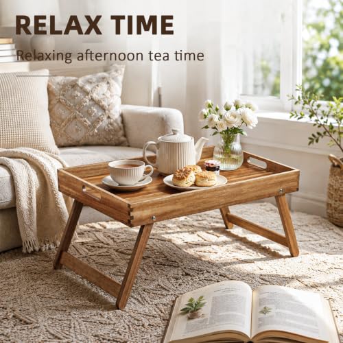 Solidith Acacia Wooden Breakfast Tray, Bed Tray with Folding Legs | Extra Large Serving Tray with Handles for Food and Snack,Laptop Desk for Working,Reading,Eating,TV Table