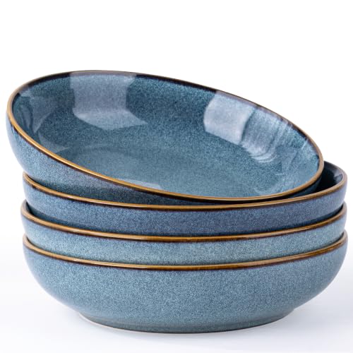 AmorArc 8.5’’ Ceramic Pasta Bowls Set of 4, 36oz Large Stoneware Bowls Set | Large Dinner Serving Bowls Set, Wide Bowl Plate for Pasta,Salad, Soup, Microwave Safe, Reactive Glaze-Deep Blue - color: Deep Blue, size: Set of 4