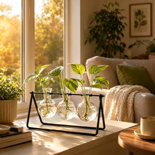 Plant Terrarium with Metal Stand, 3 Bulb Glass Vase, Minimalist Plant Stand | Propagation Stations For Hydroponic Plant, Tabletop Indoor Room Office Home Desk Decor Gardening Gifts For Women, Plant Lover