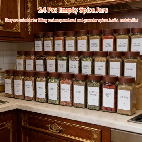 Spice Jars with Labels - 24 Glass Spice with Shaker Lids & Airtight Plastic Caps - 4oz Complete Seasoning Containers Organizer Set for Cabinet, Drawer & Rack (Brown) - color: Brown
