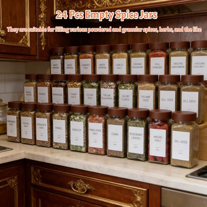 Spice Jars with Labels - 24 Glass Spice with Shaker Lids & Airtight Plastic Caps - 4oz Complete Seasoning Containers Organizer Set for Cabinet, Drawer & Rack (Brown) - color: Brown
