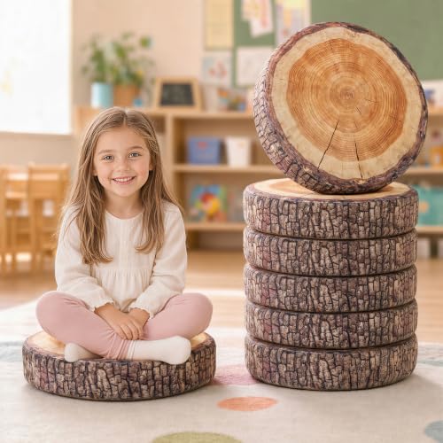 Floor Cushions For Kids 6Pack, Round Flexible Classroom Seating, 15 inch | Tree Stump Floor Pillows For Elementary, Daycare & Reading Nook, Removable Machine Washable Cover, Safe Sitting Pillow - color: Natural Wood, size: 6 Piece Set