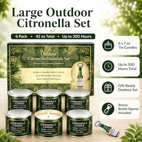 Citronella Candles Outdoor,6 Pack 42 oz Soy Wax Tin Candles with 7% Citronella Oil, Bonus Magnetic Bottle Opener, Up to 300 Hours, for Patio, Backyard, Camping, BBQ & Garden - color: Citronella Candles