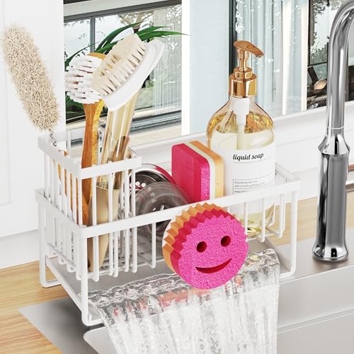 Sponge Holder for Kitchen Sink,Smiley Face Sink Caddy with Removable Brush Holder,Self-Draining Sponge Caddy for Sponge,Soap,Dish Brush,Scrubber,Kitchen Essentials and Gadgets-White - color: 1 Tier White