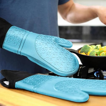 BPA-Free Soft Silicone Oven Mitts - Ultra Heat Resistant Oven Mitts with Thick Cotton Liner - Extra Long Slip Resistant Pot Holders, Flexible Oven Gloves - Aqua/Black 14.7" - color: Aqua, size: 2-Piece 14.7" Oven Mitts
