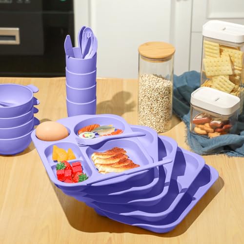 Honoson 24 Pcs Wheat Straw Dinnerware Cutlery Set, Service for 4, Unbreakable Plates and Bowls Set - Divided Plates, Bowls, Spoons, Forks & Knives, Microwave & Dishwasher Safe(Light Purple) - color: Light Purple