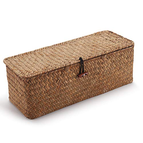Seagrass Woven Storage Basket with Lid, Rectangular Narrow Tampon Toilet Tank Organizer - color: 3 Section with Lid