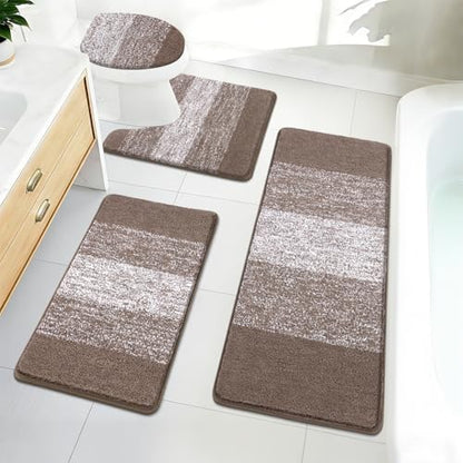 Bsmathom Bathroom Rug Set 4 Piece, Plush Microfiber Bath Mat, Coffee | Extra Water Absorbent, Non Slip Washable Runner Bath Rugs with Toilet Lid Cover and U-shaped Contour Toilet Mat - color: Coffee, size: 18"x26"+18"x48"+U20"x24"+Cover19"x21"