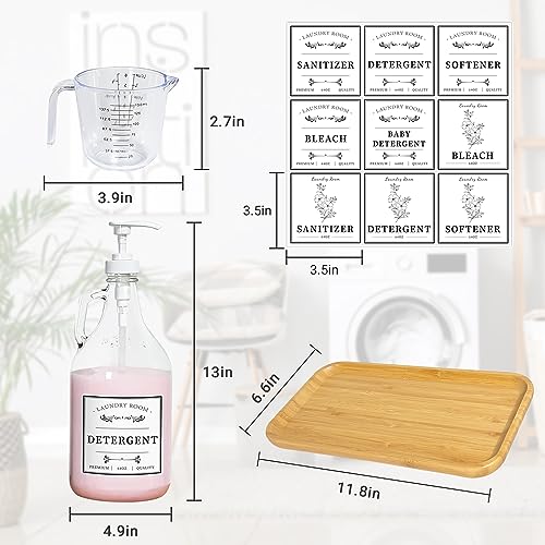 2 Pcs Glass Laundry Detergent Dispensers, 64 oz | Liquid Laundry Soap Dispenser for Laundry Room, Farmhouse Decor, with Pumps, Labels, Bamboo Tray, Funnel & Measuring Cups