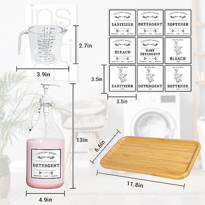 2 Pcs Glass Laundry Detergent Dispensers, 64 oz | Liquid Laundry Soap Dispenser for Laundry Room, Farmhouse Decor, with Pumps, Labels, Bamboo Tray, Funnel & Measuring Cups